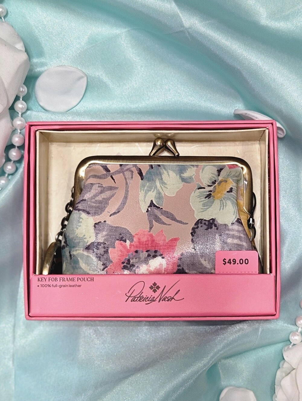 Patricia Nash Coin Purse First Bloom Print Key Floral 100% Full Grain Leather